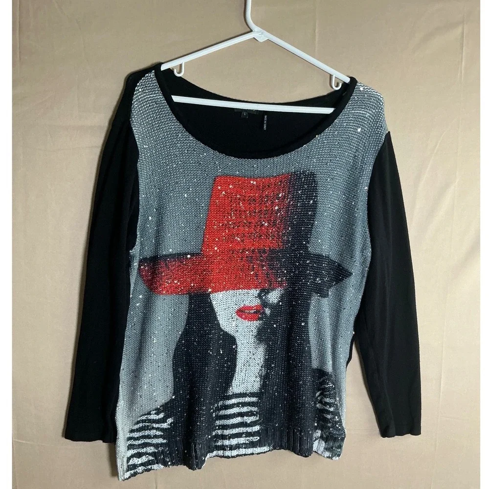 Tricotto Womens Large Black Red Hat Sequin Graphic Long Sleeve Knit Top Turkey - Picture 3 of 11